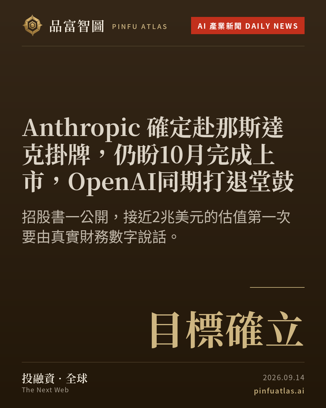 Anthropic 確定赴那斯達克掛牌,仍盼10月完成上市,OpenAI同期打退堂鼓