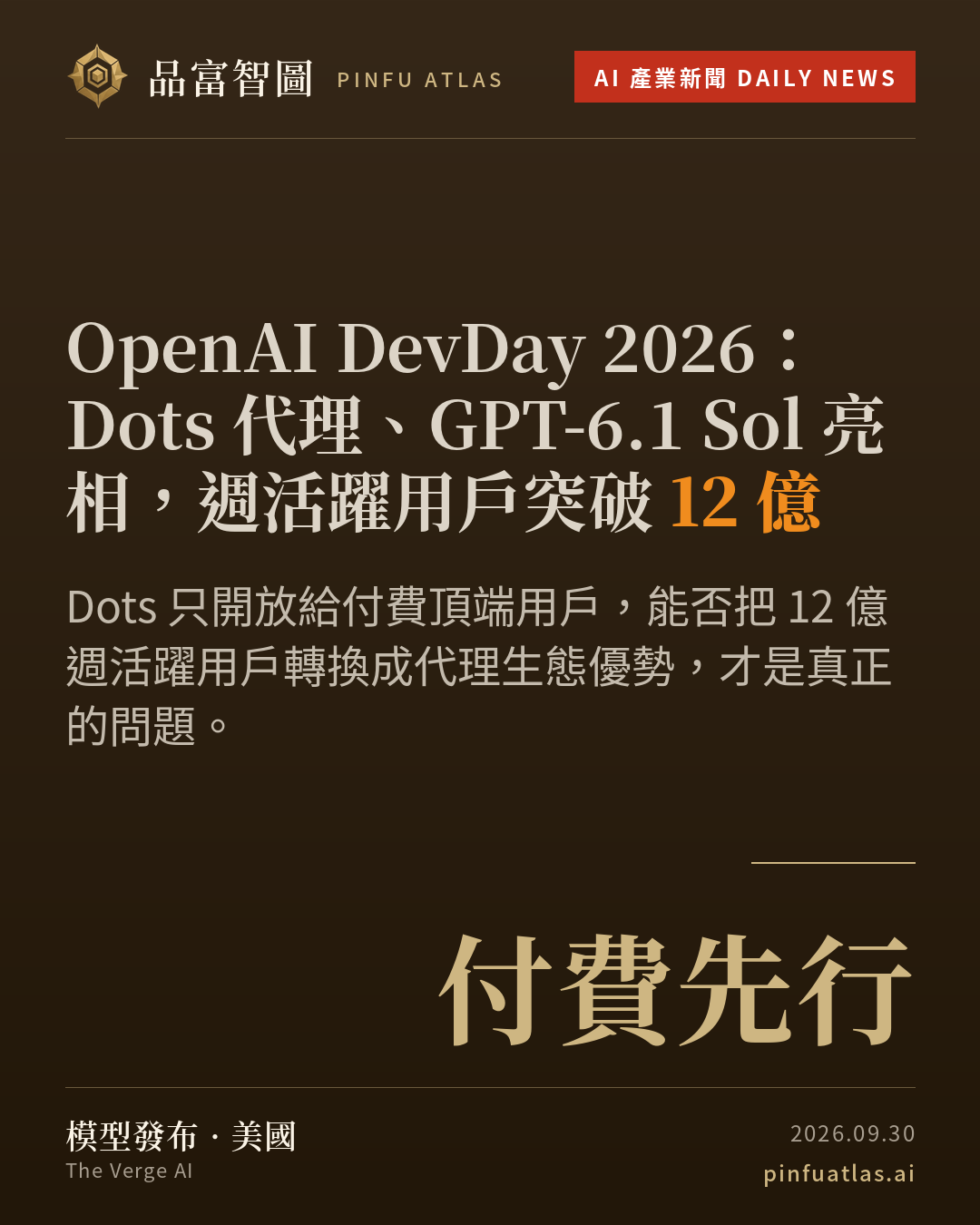 OpenAI DevDay 2026:Dots 代理、GPT-6.1 Sol 亮相,週活躍用戶突破 12 億