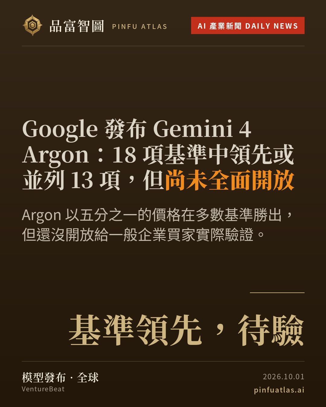 Google 發布 Gemini 4 Argon:18 項基準中領先或並列 13 項,但尚未全面開放
