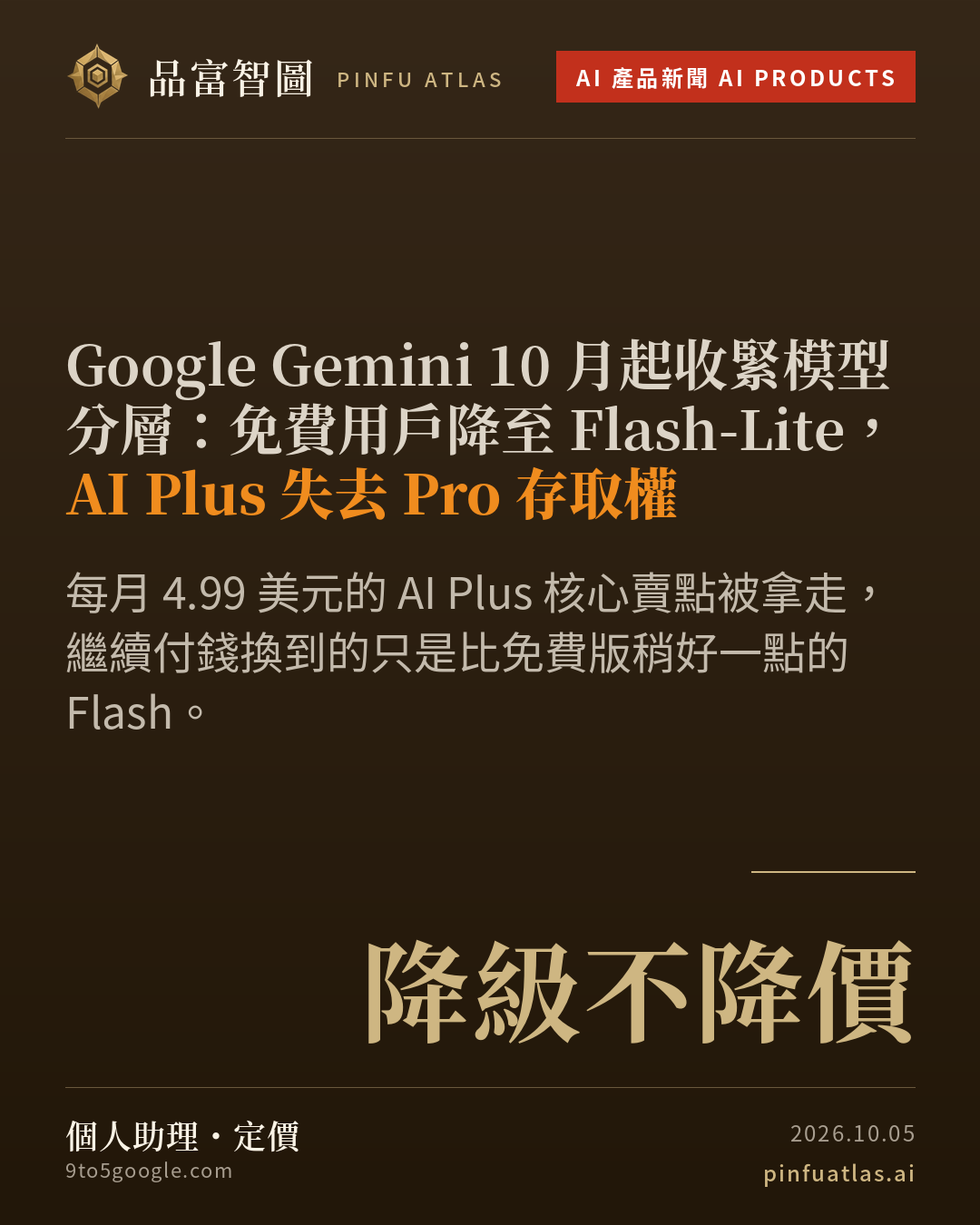 Google Gemini 10 月起收緊模型分層:免費用戶降至 Flash-Lite,AI Plus 失去 Pro 存取權