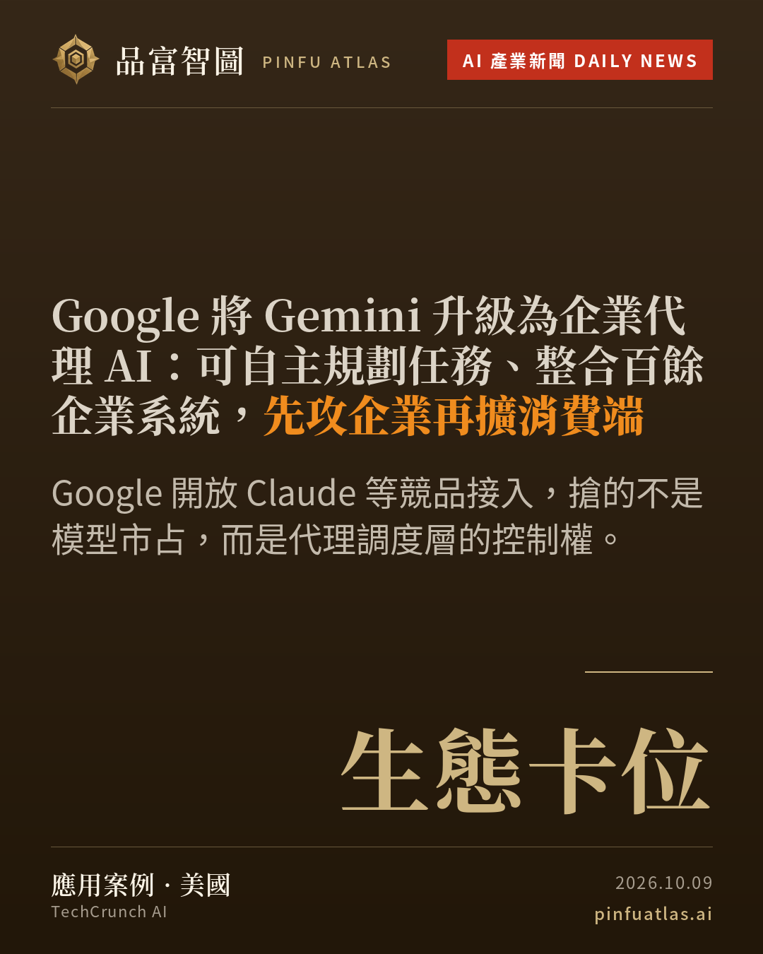 Google 將 Gemini 升級為企業代理 AI:可自主規劃任務、整合百餘企業系統,先攻企業再擴消費端