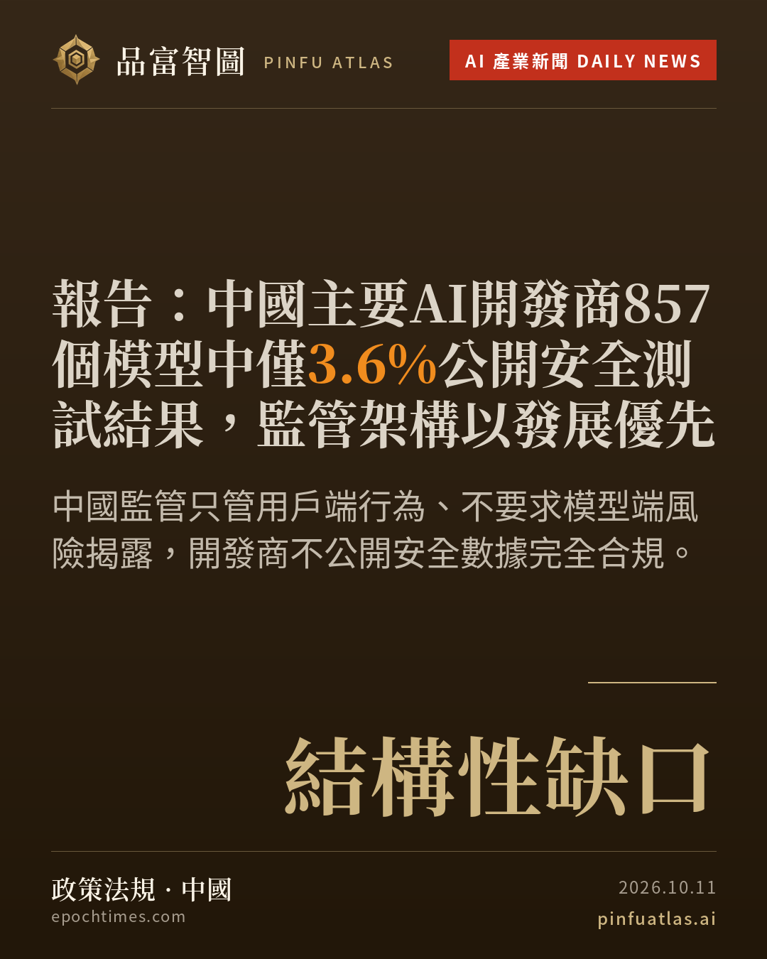 報告:中國主要AI開發商857個模型中僅3.6%公開安全測試結果,監管架構以發展優先
